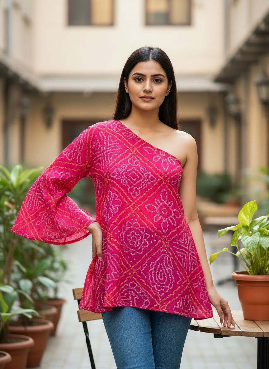 Bandhani Bell-Sleeve  off shoulder Tunic