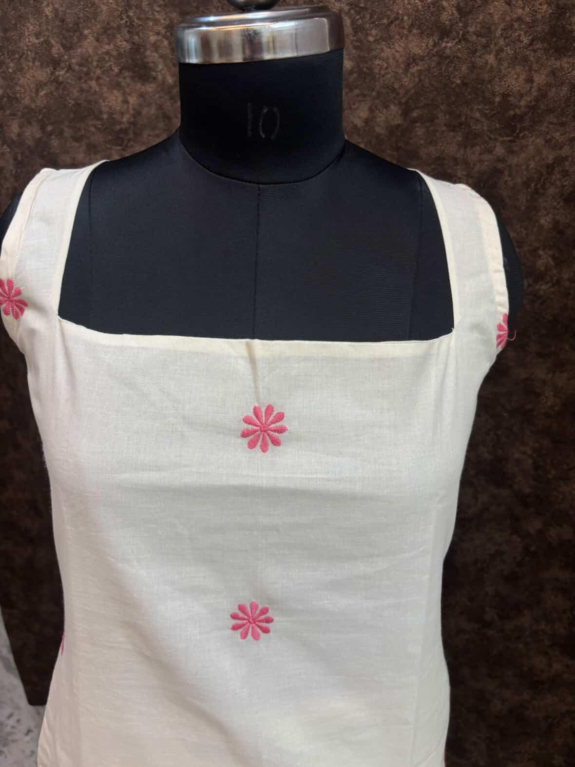 Elegant Off-White Cemric Cotton Kurta Set with Pink Floral Embroidery