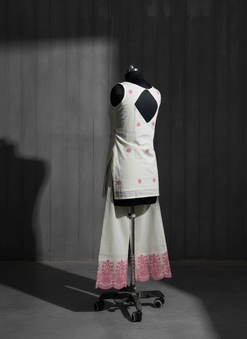Elegant Off-White Cemric Cotton Kurta Set with Pink Floral Embroidery