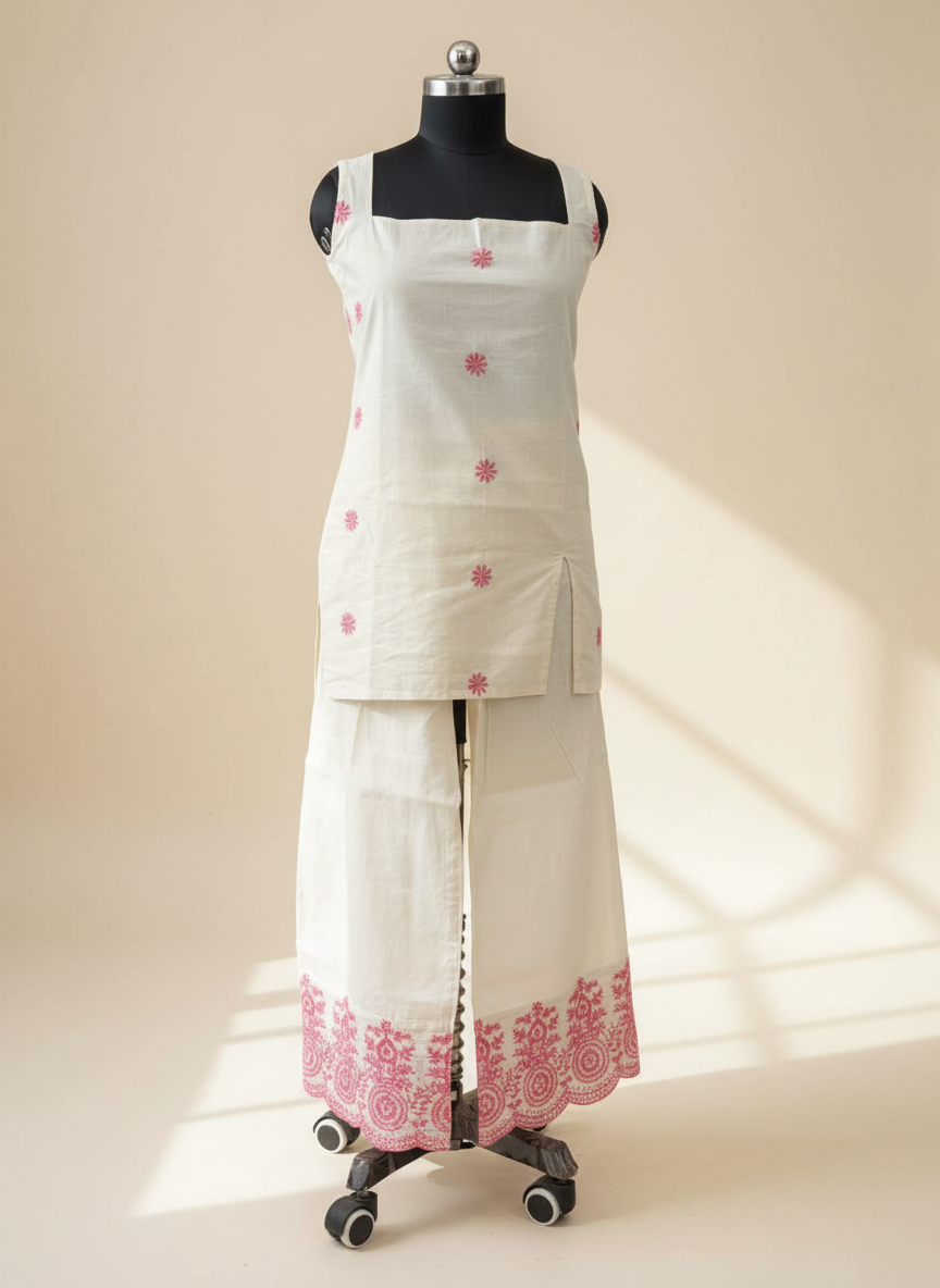 Elegant Off-White Cemric Cotton Kurta Set with Pink Floral Embroidery