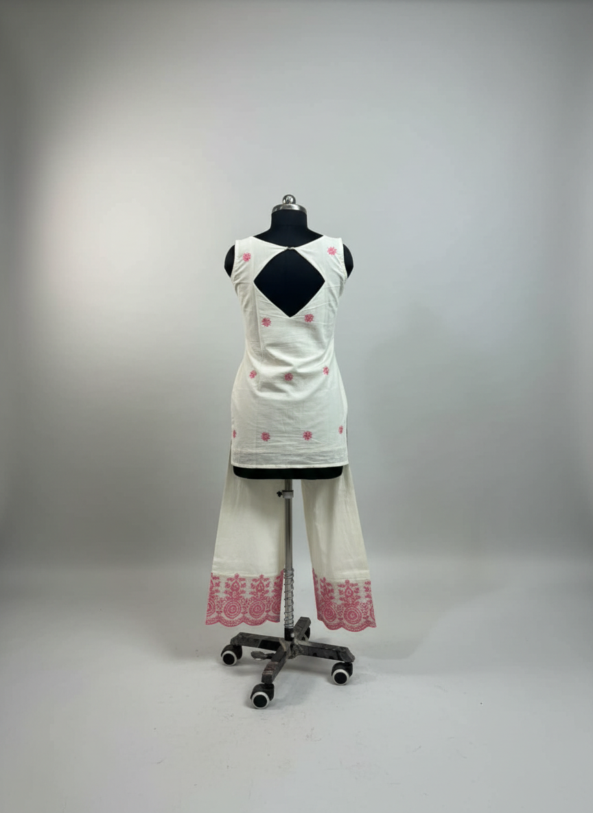 Elegant Off-White Cemric Cotton Kurta Set with Pink Floral Embroidery
