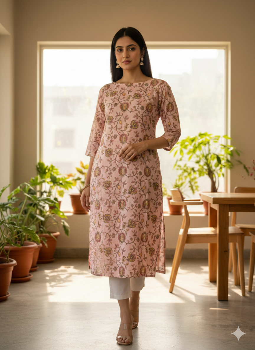Blush Pink Floral Muslin Kurti with Statement Bow-Tie Backless Design