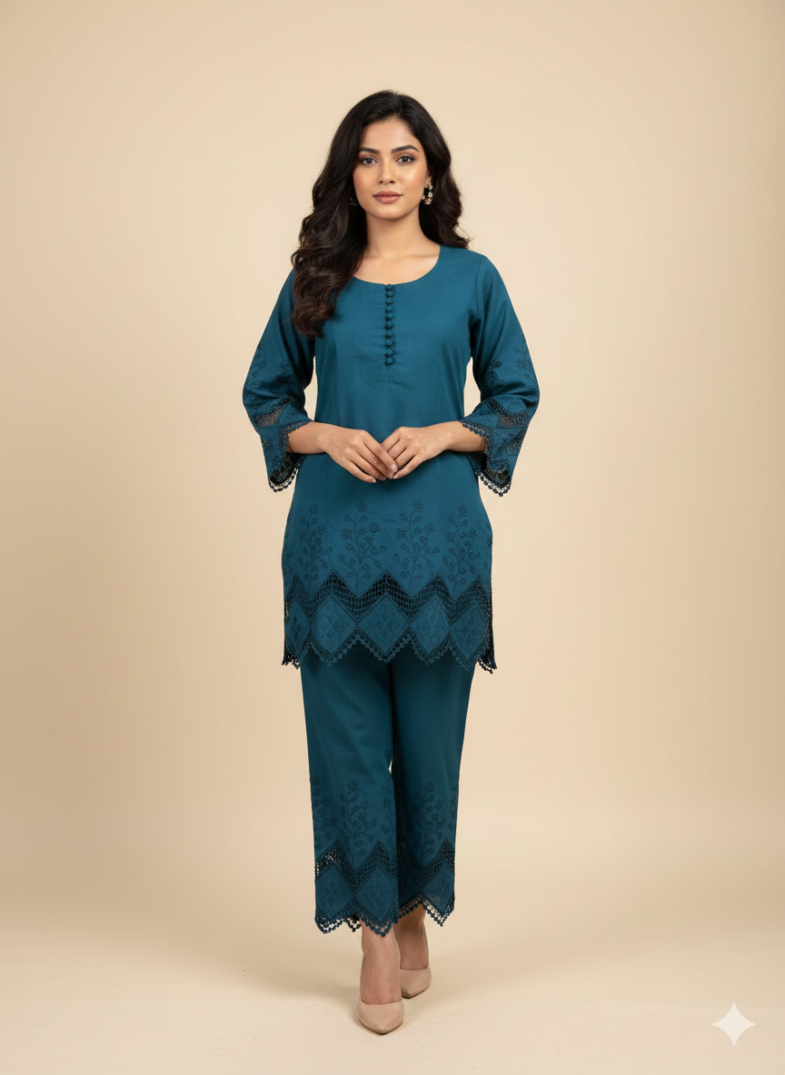 Rang Riwayat | Deep Teal Floral Embroidered Set